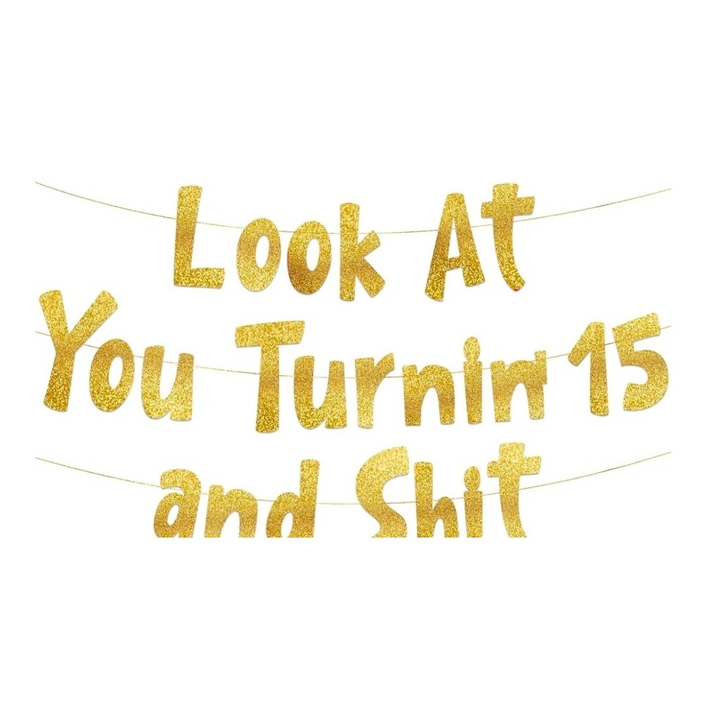 Gold Glitter 15th Birthday Banner Funny Look At You Turnin 15 and Shit Decor